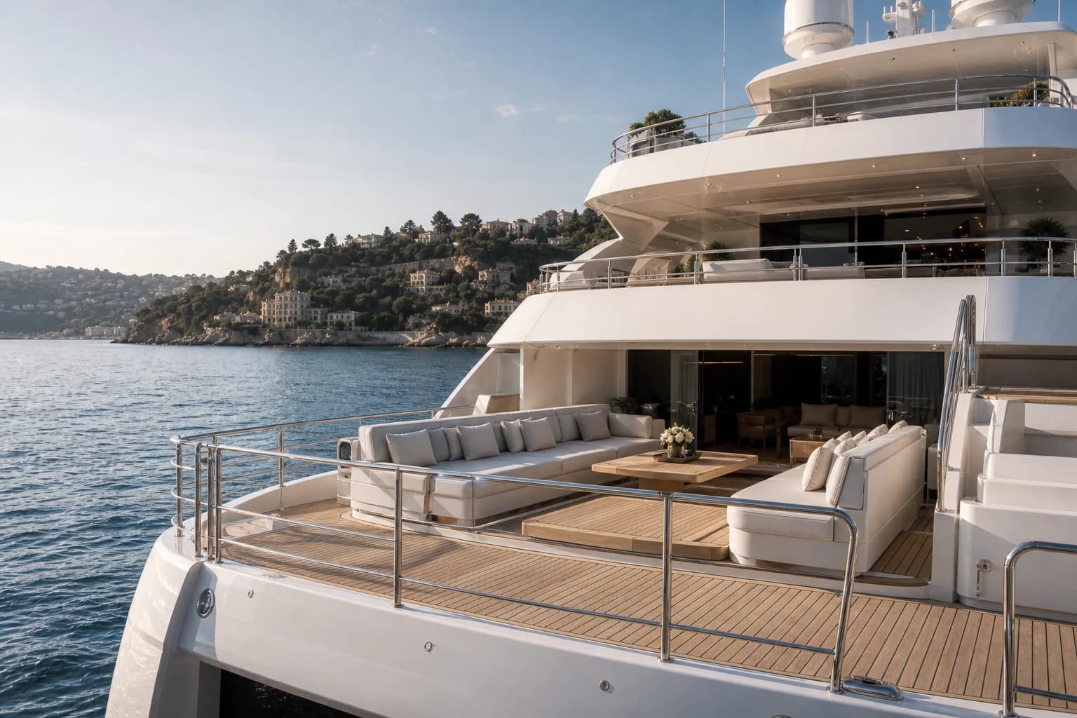 Large superyacht aft deck detail on the French Riviera