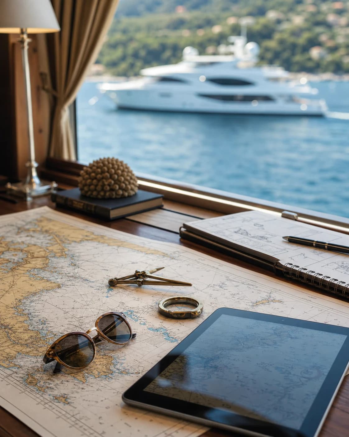French Riviera superyacht charter planning table with a mega yacht outside