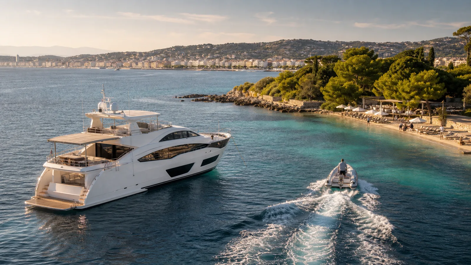 Motor yacht anchored near the Lerins Islands during a Cannes yacht charter